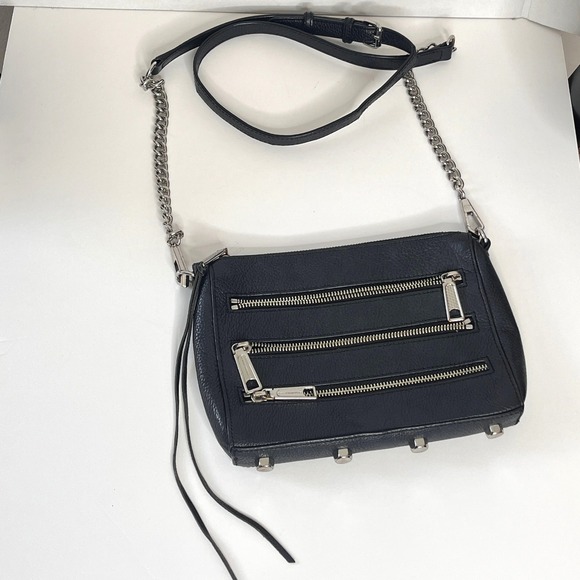 Rebecca Minkoff Black Pebbled Leather Crossbody Bag Silver Hardware 5 Zips - Picture 1 of 11